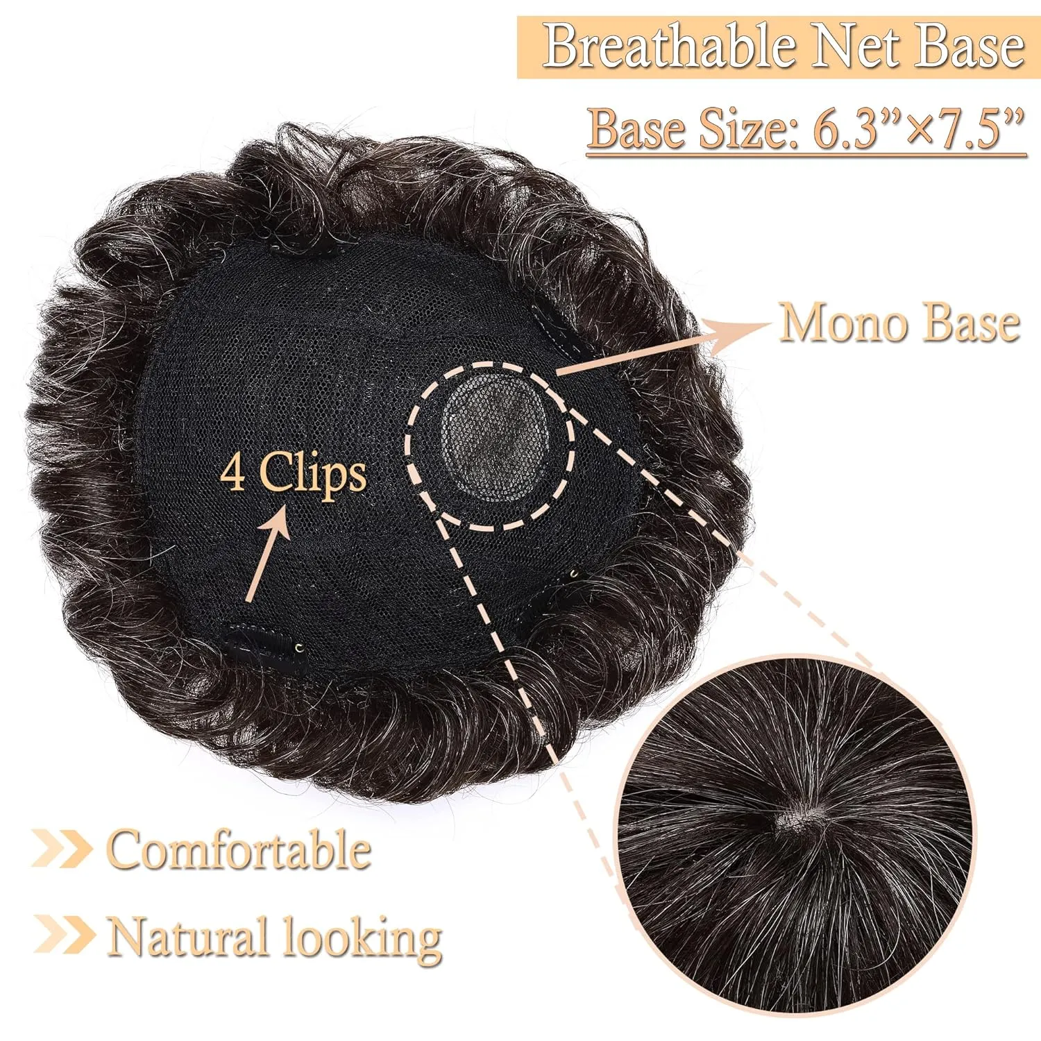 SEGO Men's Toupee Human Hair Topper for Women With Short Hair 150% Density 16x19cm Mono Base Real Human Hair 4 Inch Short Curly Hairpiece Replacement Wig -Medium Brown mix White