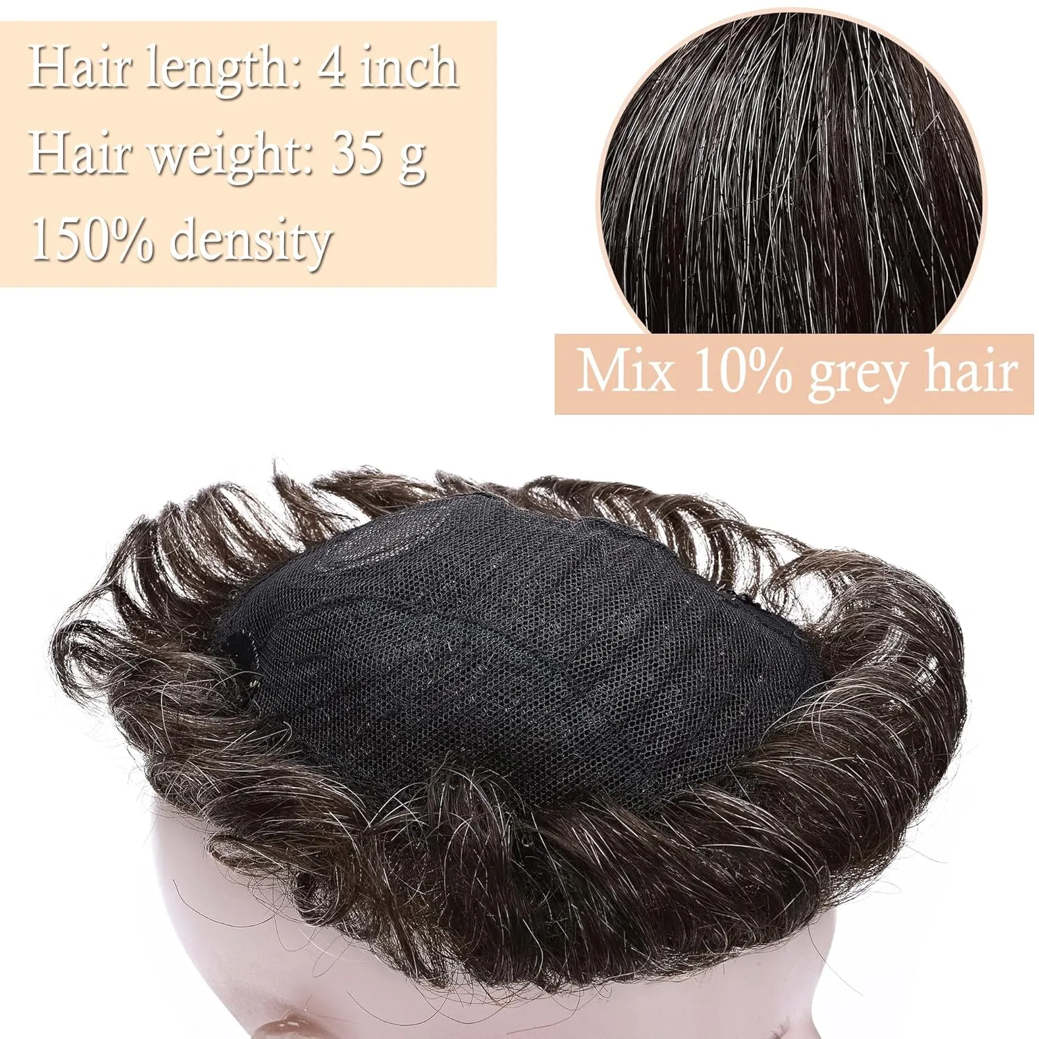 SEGO Men's Toupee Human Hair Topper for Women With Short Hair 150% Density 16x19cm Mono Base Real Human Hair 4 Inch Short Curly Hairpiece Replacement Wig -Medium Brown mix White