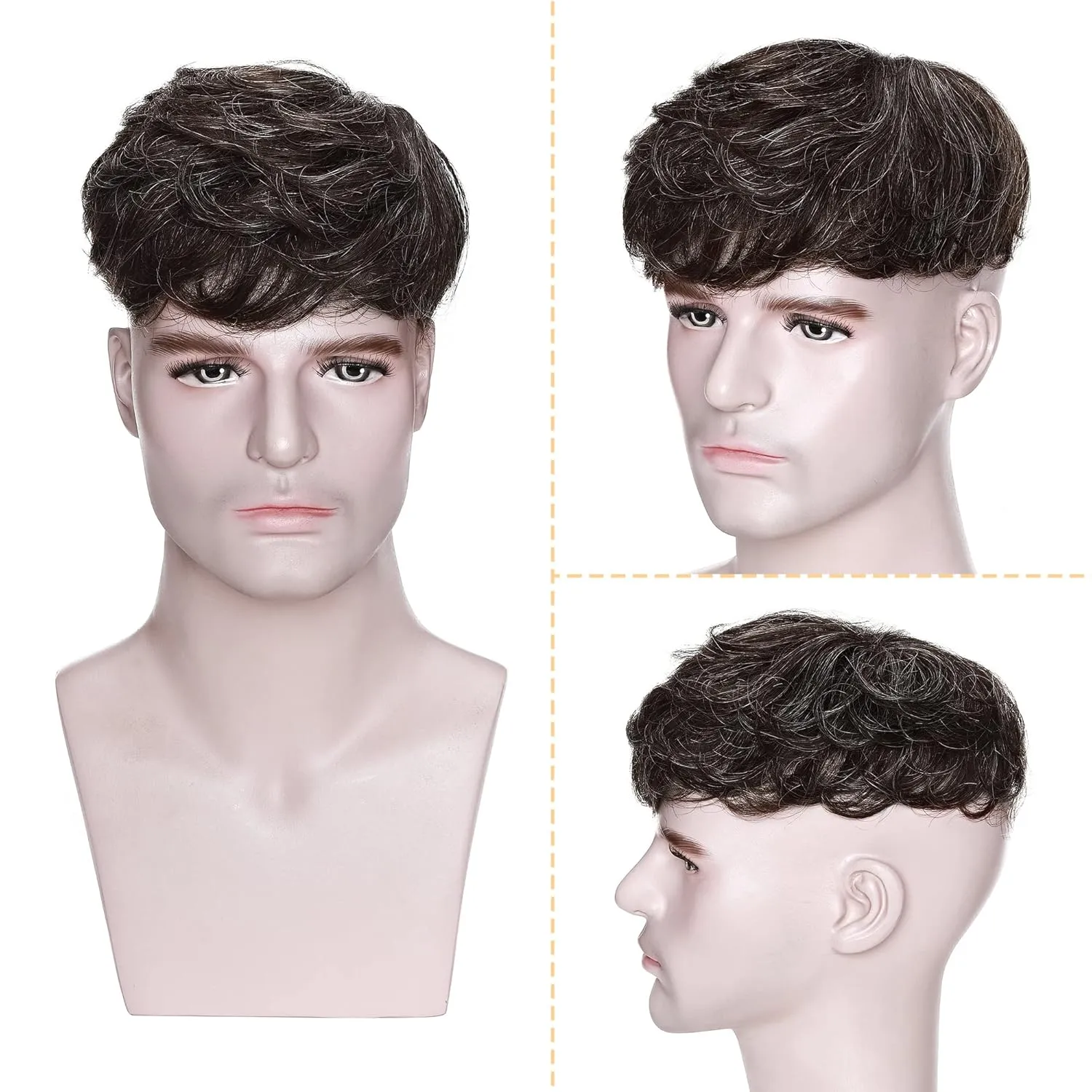 SEGO Men's Toupee Human Hair Topper for Women With Short Hair 150% Density 16x19cm Mono Base Real Human Hair 4 Inch Short Curly Hairpiece Replacement Wig -Medium Brown mix White