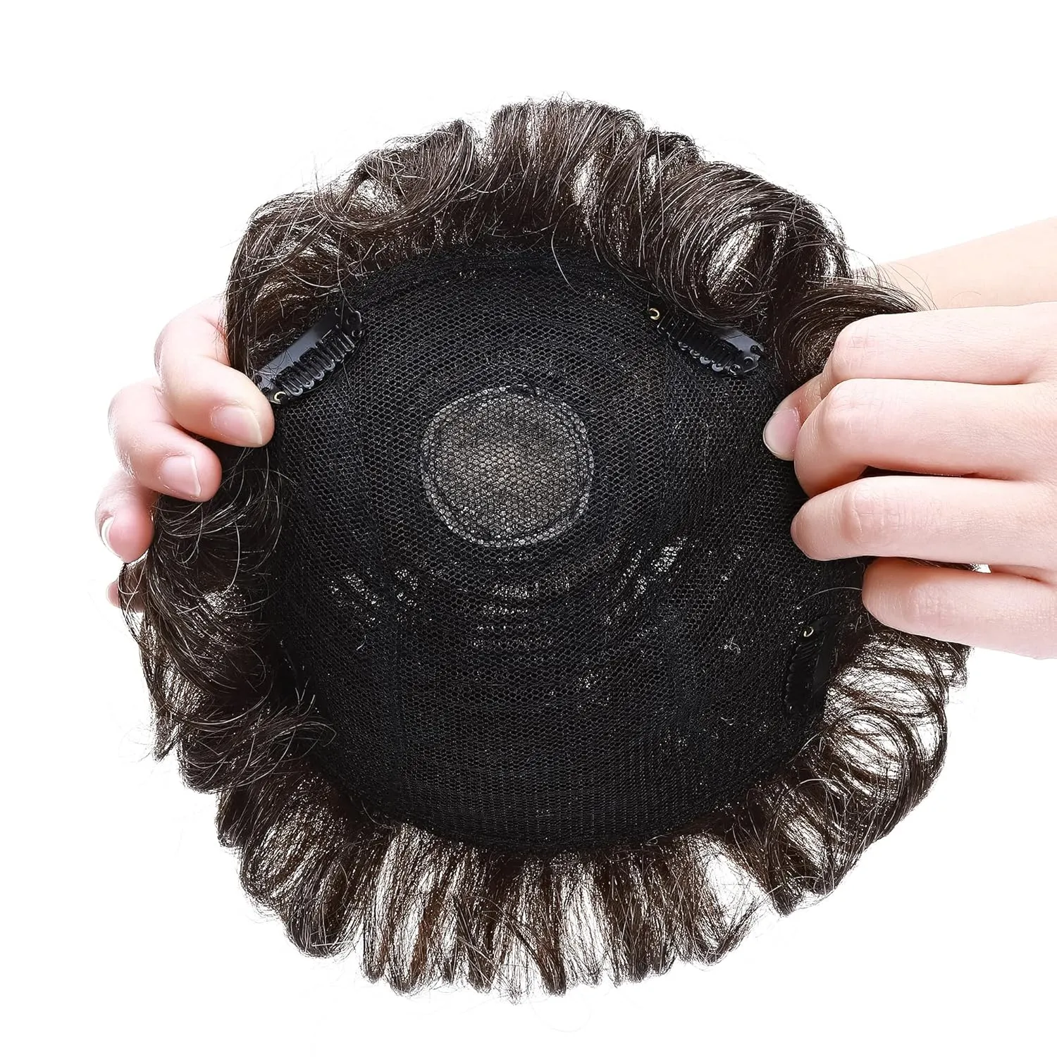 SEGO Men's Toupee Human Hair Topper for Women With Short Hair 150% Density 16x19cm Mono Base Real Human Hair 4 Inch Short Curly Hairpiece Replacement Wig -Medium Brown mix White