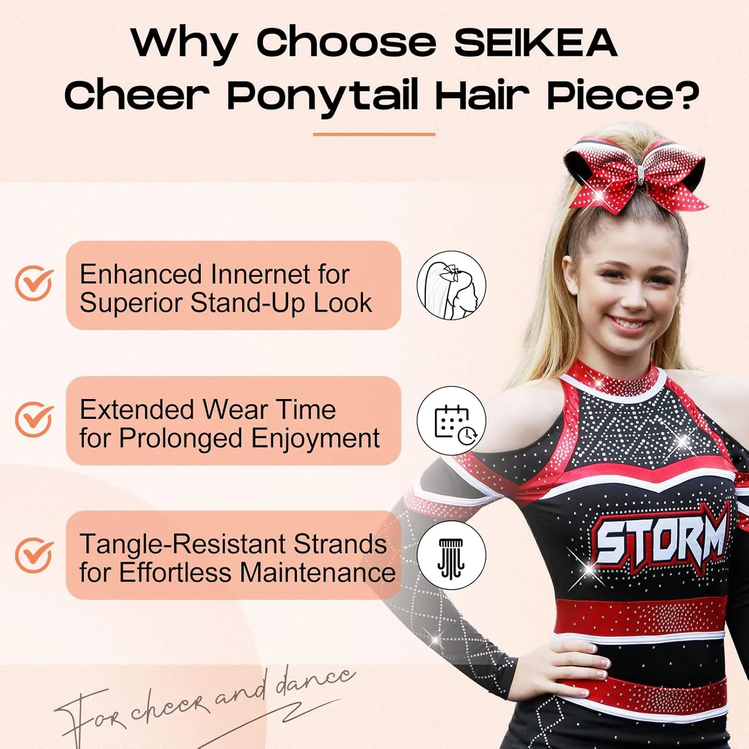 SEIKEA Cheer Ponytail Hair Piece, 10" Straight Tangle-Resistant Smooth Natural Brown Cheerleader Hairpiece Ponytail Extension for Cheer Competition, Dance, Performance, Dark Brown