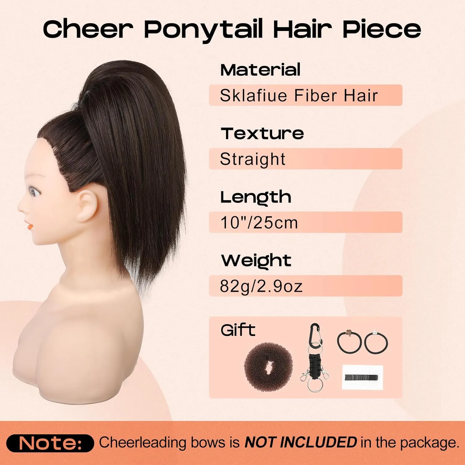 SEIKEA Cheer Ponytail Hair Piece, 10" Straight Tangle-Resistant Smooth Natural Brown Cheerleader Hairpiece Ponytail Extension for Cheer Competition, Dance, Performance, Dark Brown