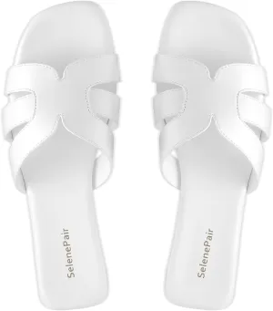 SelenePair Women's Fashion Flat Sandals Square Toe Slip On Dress Summer Slides