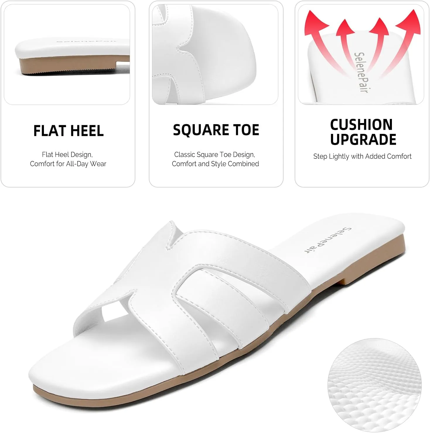 SelenePair Women's Fashion Flat Sandals Square Toe Slip On Dress Summer Slides
