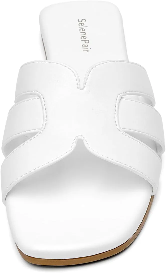 SelenePair Women's Fashion Flat Sandals Square Toe Slip On Dress Summer Slides