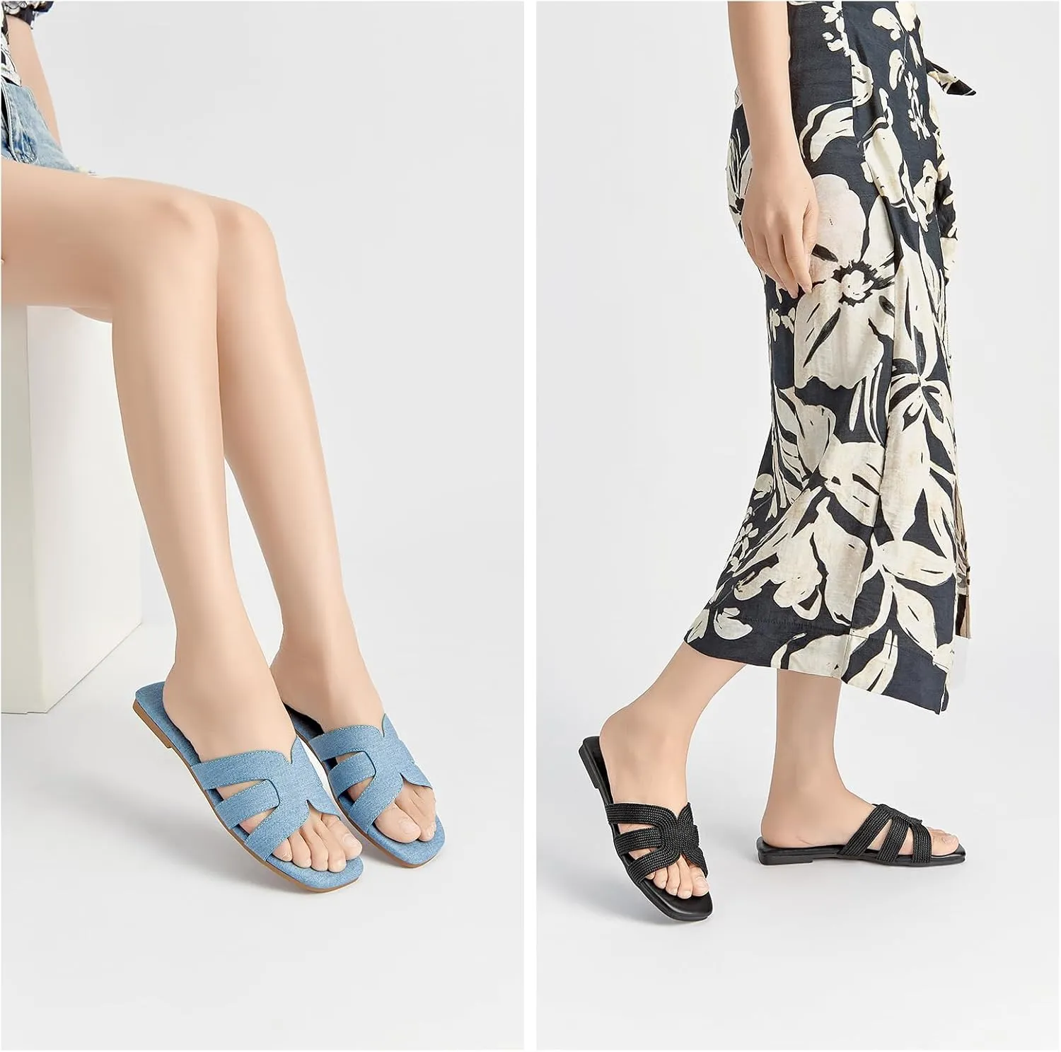 SelenePair Women's Fashion Flat Sandals Square Toe Slip On Dress Summer Slides
