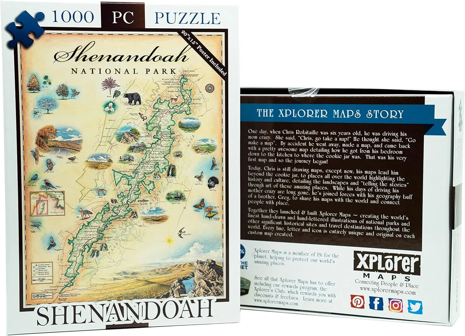 Shenandoah National Park Map Cardboard Jigsaw Puzzle - 1000 Pieces, Hand-Illustrated - Educational, Family Activity, Ages 7 , Includes Poster - 25.4 x 19.8