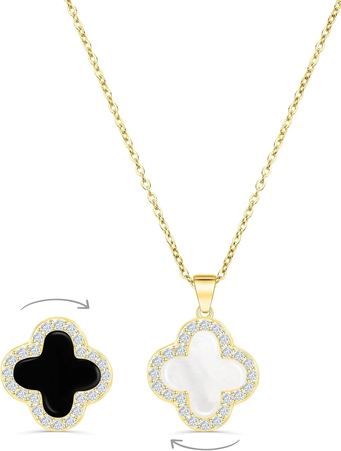 SHINYY 2 Side Crystal Clover Necklace for Women 18K Gold Plated Stainless Steel Four Leaf Lucky Pendant Black & White Cubic Zirconia Jewelry for Mother and Daughter