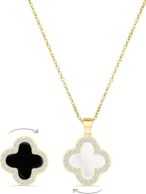 SHINYY 2 Side Crystal Clover Necklace for Women 18K Gold Plated Stainless Steel Four Leaf Lucky Pendant Black & White Cubic Zirconia Jewelry for Mother and Daughter
