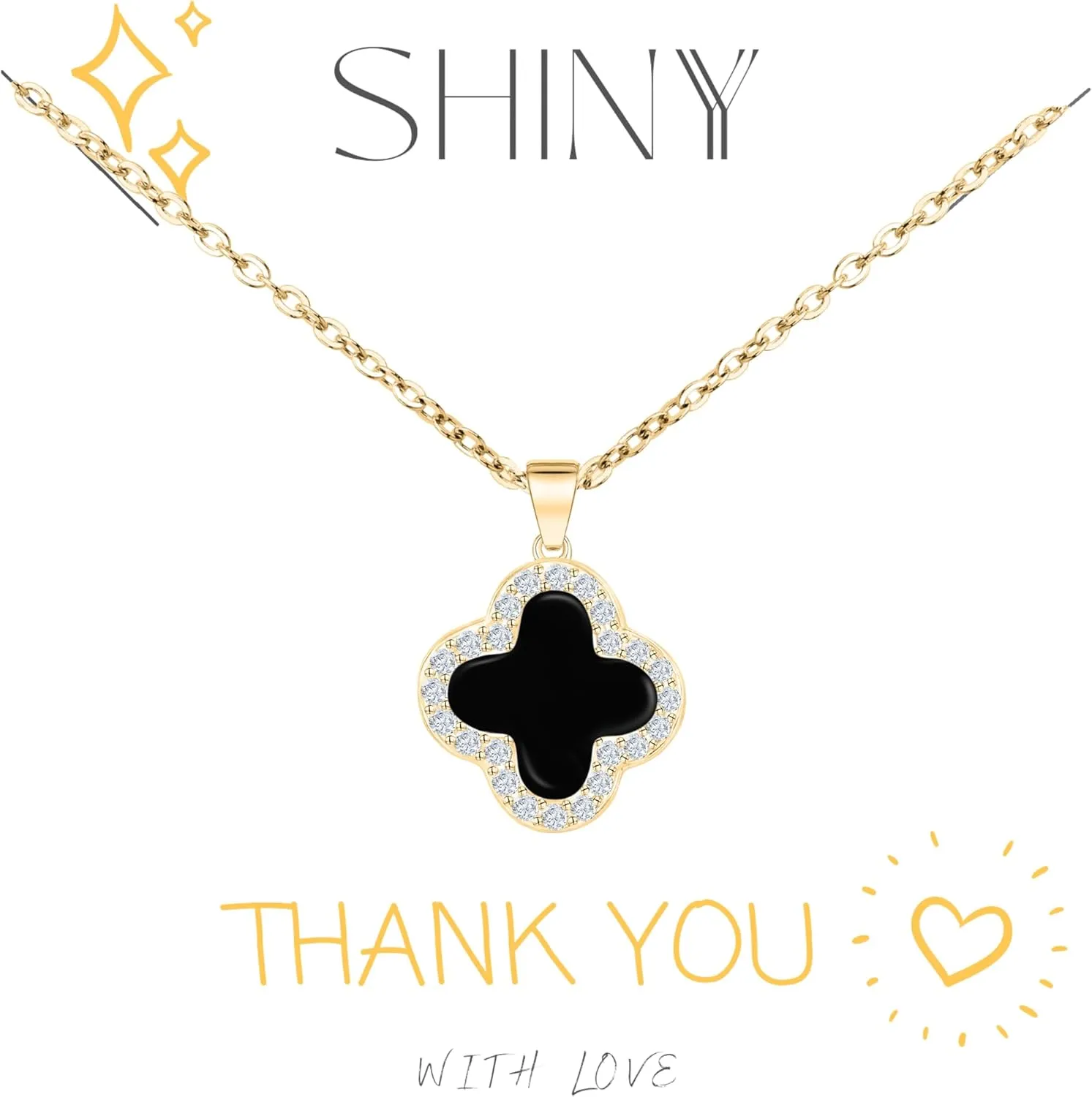 SHINYY 2 Side Crystal Clover Necklace for Women 18K Gold Plated Stainless Steel Four Leaf Lucky Pendant Black & White Cubic Zirconia Jewelry for Mother and Daughter
