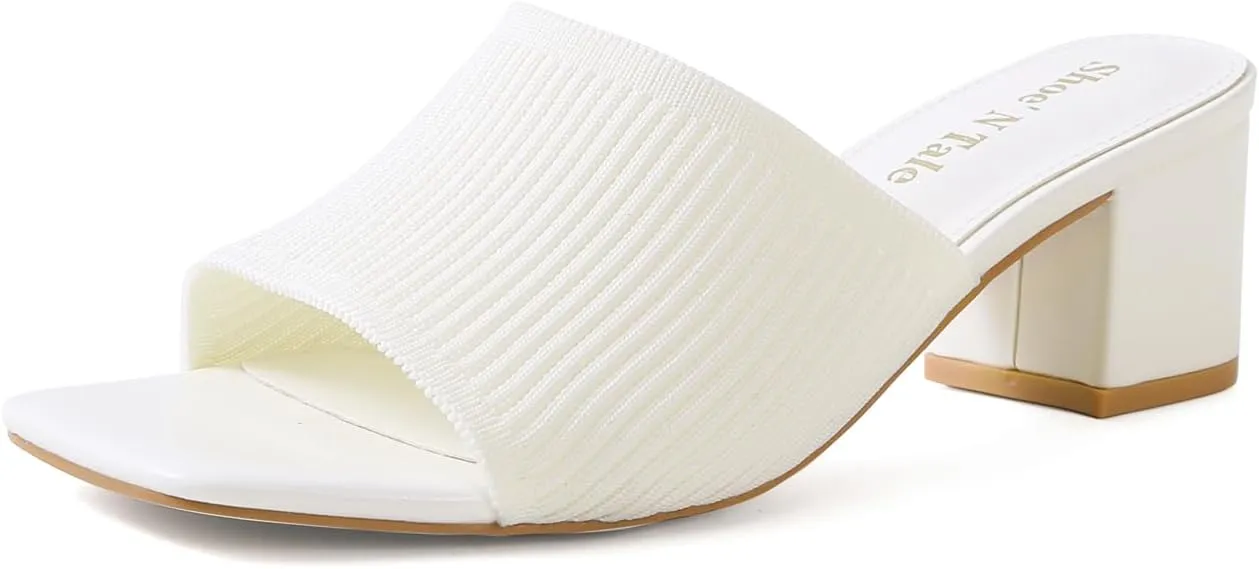 Shoe'N Tale Heeled Sandals For Women Square Open Toe Heeled Mules Chunky Block Low Heel Slip On Slides