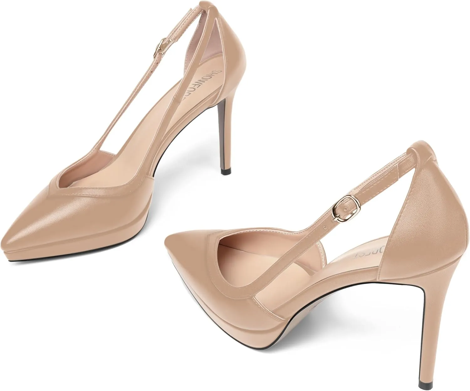 SHOWFOREST Womens Slip On Adjustable Strap Office Platform Solid Fashion Matte Pointed Toe Stiletto High Heel Pumps Shoes 4 Inch