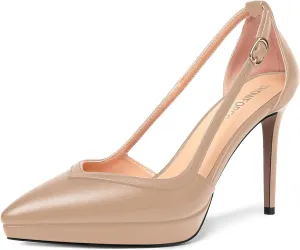 SHOWFOREST Womens Slip On Adjustable Strap Office Platform Solid Fashion Matte Pointed Toe Stiletto High Heel Pumps Shoes 4 Inch