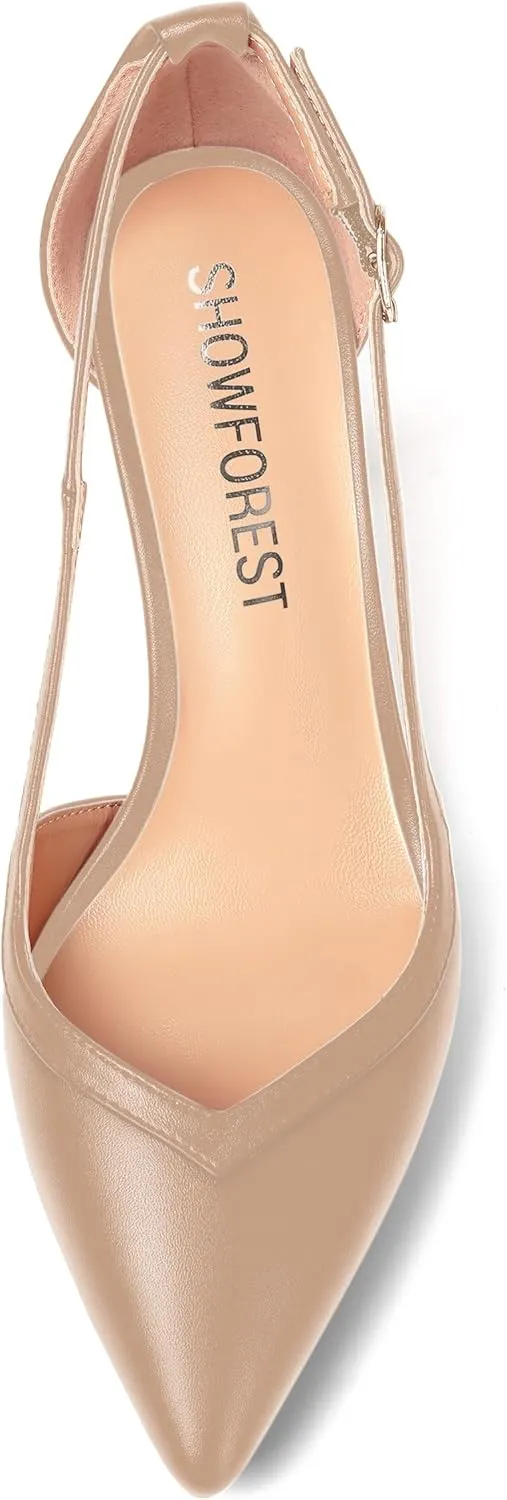 SHOWFOREST Womens Slip On Adjustable Strap Office Platform Solid Fashion Matte Pointed Toe Stiletto High Heel Pumps Shoes 4 Inch