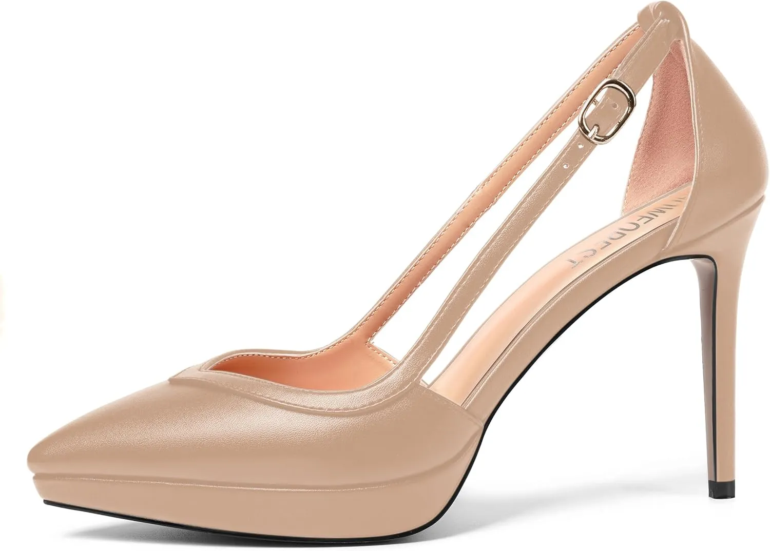 SHOWFOREST Womens Slip On Adjustable Strap Office Platform Solid Fashion Matte Pointed Toe Stiletto High Heel Pumps Shoes 4 Inch