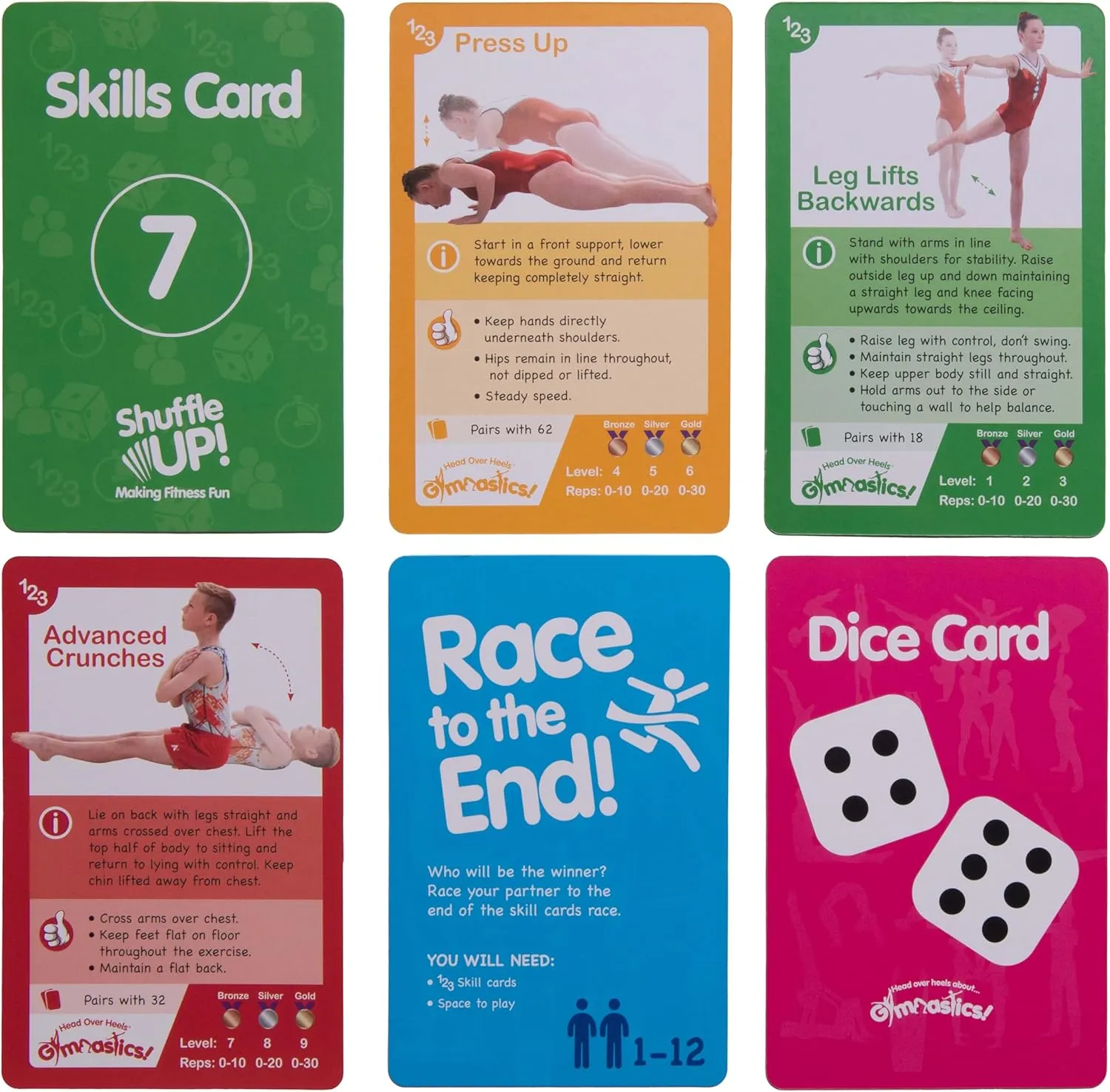 Shuffle Up Gymnastics Card Games - 70  Fun & Active Skills Cards for Kids, Fitness Cards Develop Fundamentals, Stamina & Strength, Easy to Play for Kids | Multiple Skills Level Cards Include 2 Dices