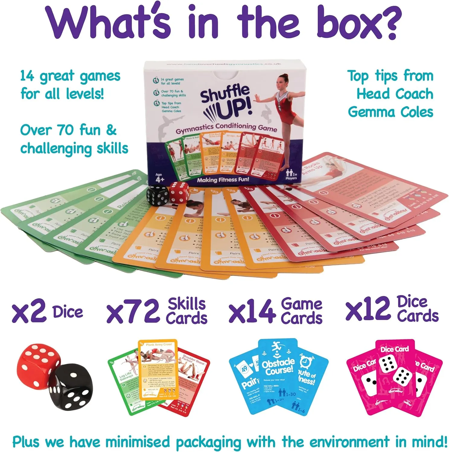 Shuffle Up Gymnastics Card Games - 70  Fun & Active Skills Cards for Kids, Fitness Cards Develop Fundamentals, Stamina & Strength, Easy to Play for Kids | Multiple Skills Level Cards Include 2 Dices