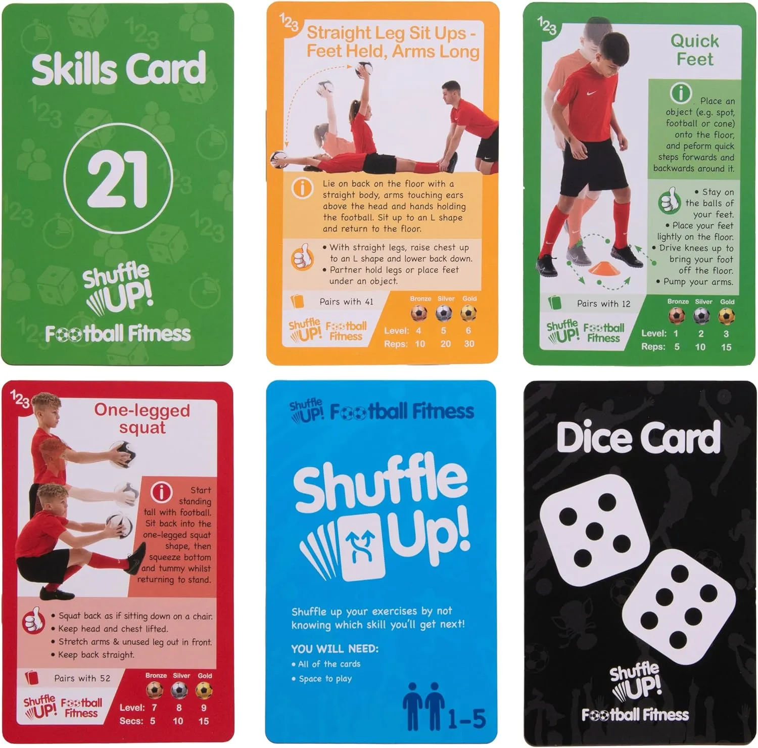 Shuffle Up Soccer Card Games - 70  Fun & Active Skills Cards for Kids, Fitness Cards Develop Fundamentals, Stamina & Strength, Easy to Play for Kids | Multiple Skill Level Cards Include 2 Dices