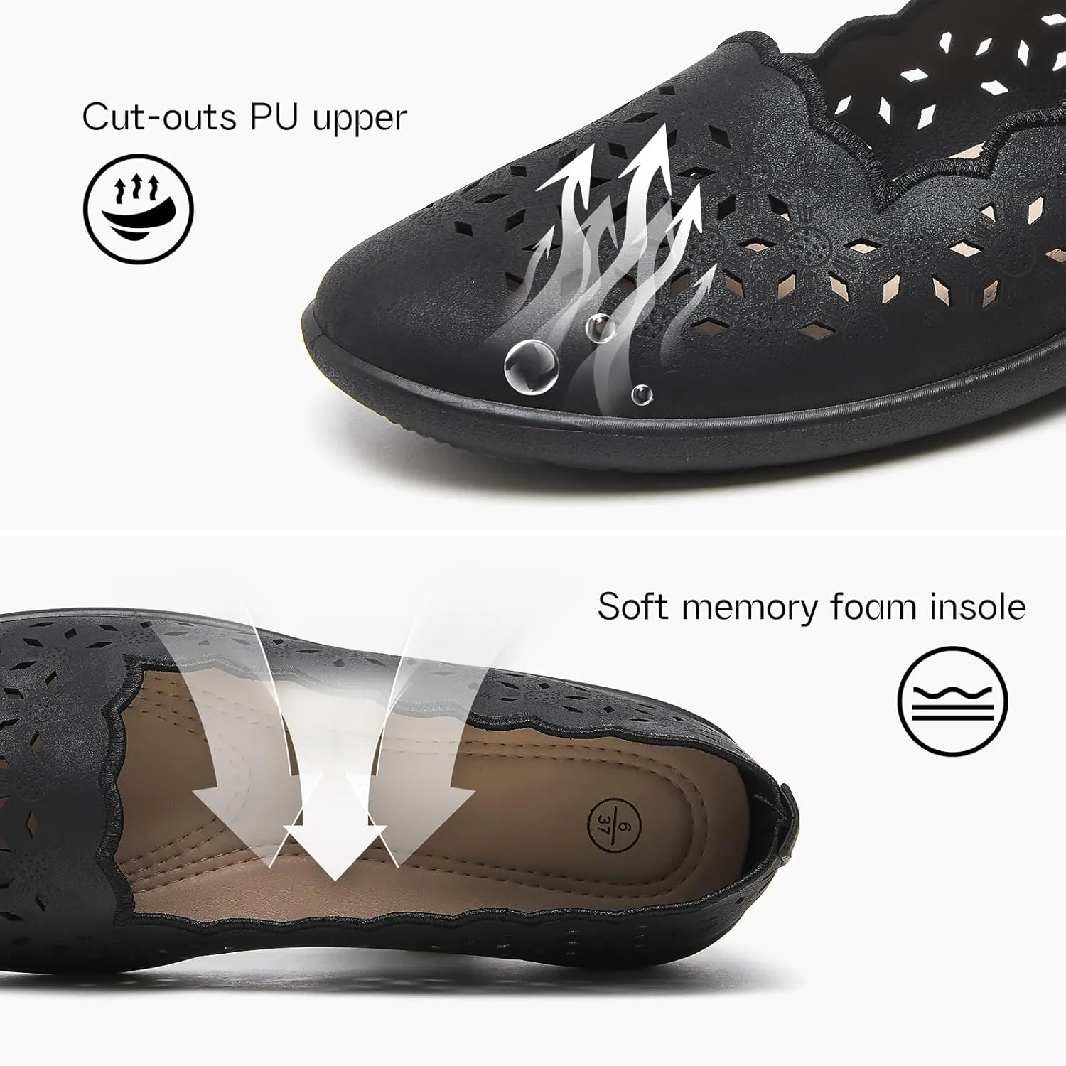 Shupua Flats for Women Dressy Comfortable Women's Ballet Flats Shoes Casual Black Flats Round Toe Womens Slip on Shoes PU Leather Flats Summer with Diamond Eyelets