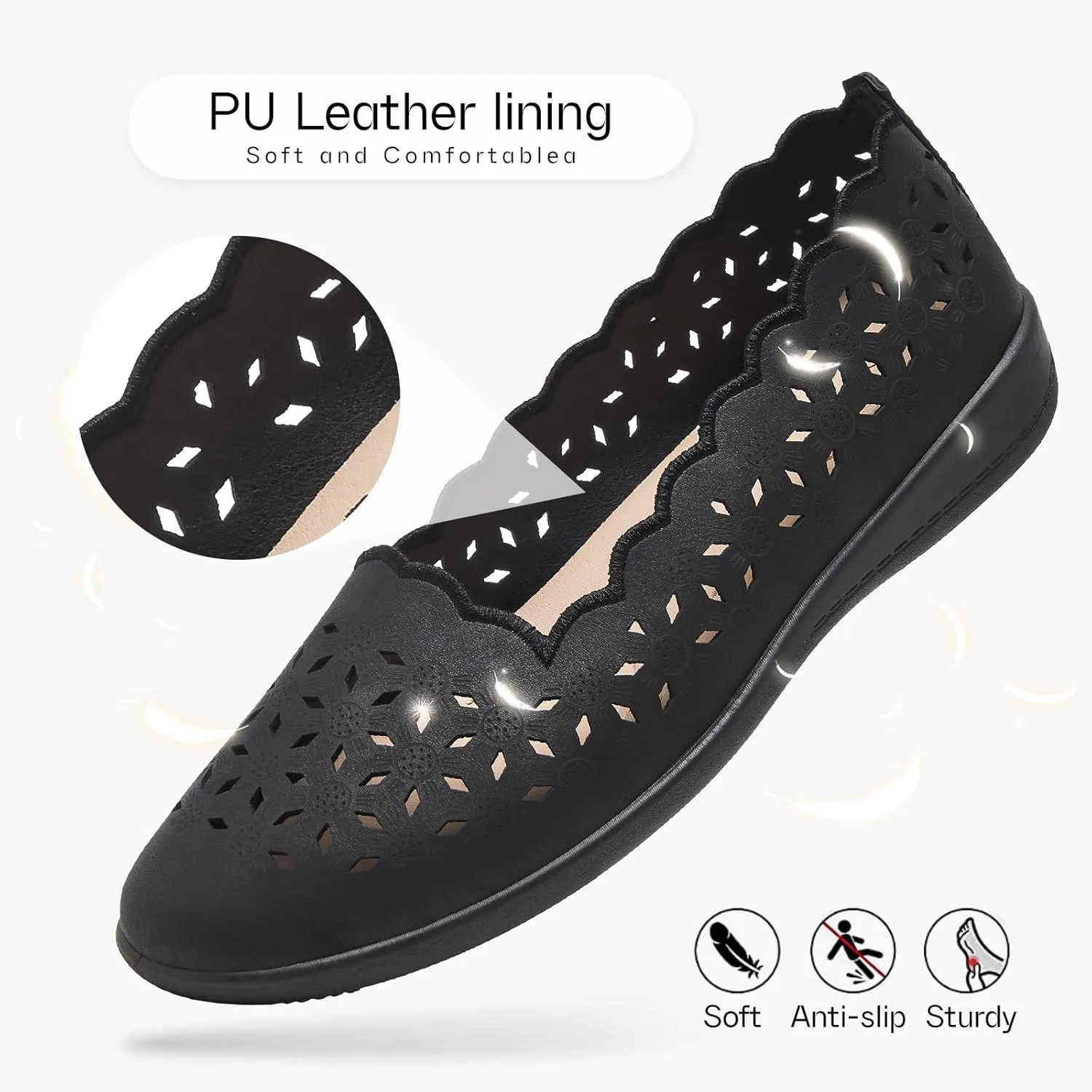 Shupua Flats for Women Dressy Comfortable Women's Ballet Flats Shoes Casual Black Flats Round Toe Womens Slip on Shoes PU Leather Flats Summer with Diamond Eyelets