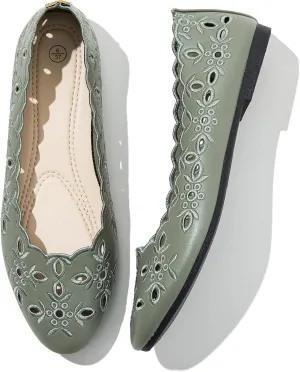 Shupua Women's Comfortable Dress Shoes Ballet Flats Slip On Shoes Black Flats Round Toe PU Leather Flats Summer with Floral Eyelets