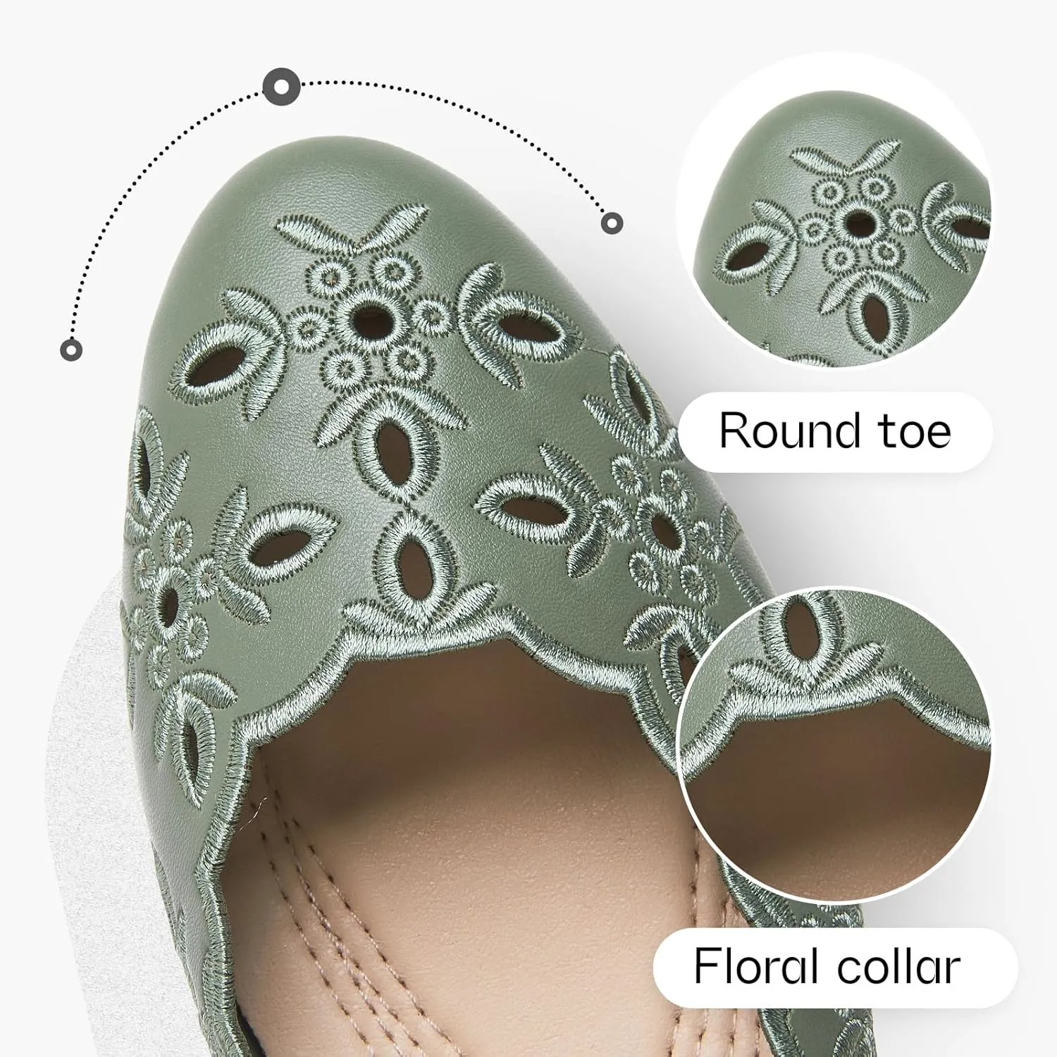 Shupua Women's Comfortable Dress Shoes Ballet Flats Slip On Shoes Black Flats Round Toe PU Leather Flats Summer with Floral Eyelets