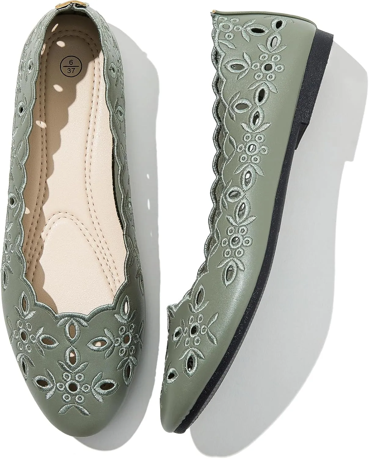 Shupua Women's Comfortable Dress Shoes Ballet Flats Slip On Shoes Black Flats Round Toe PU Leather Flats Summer with Floral Eyelets