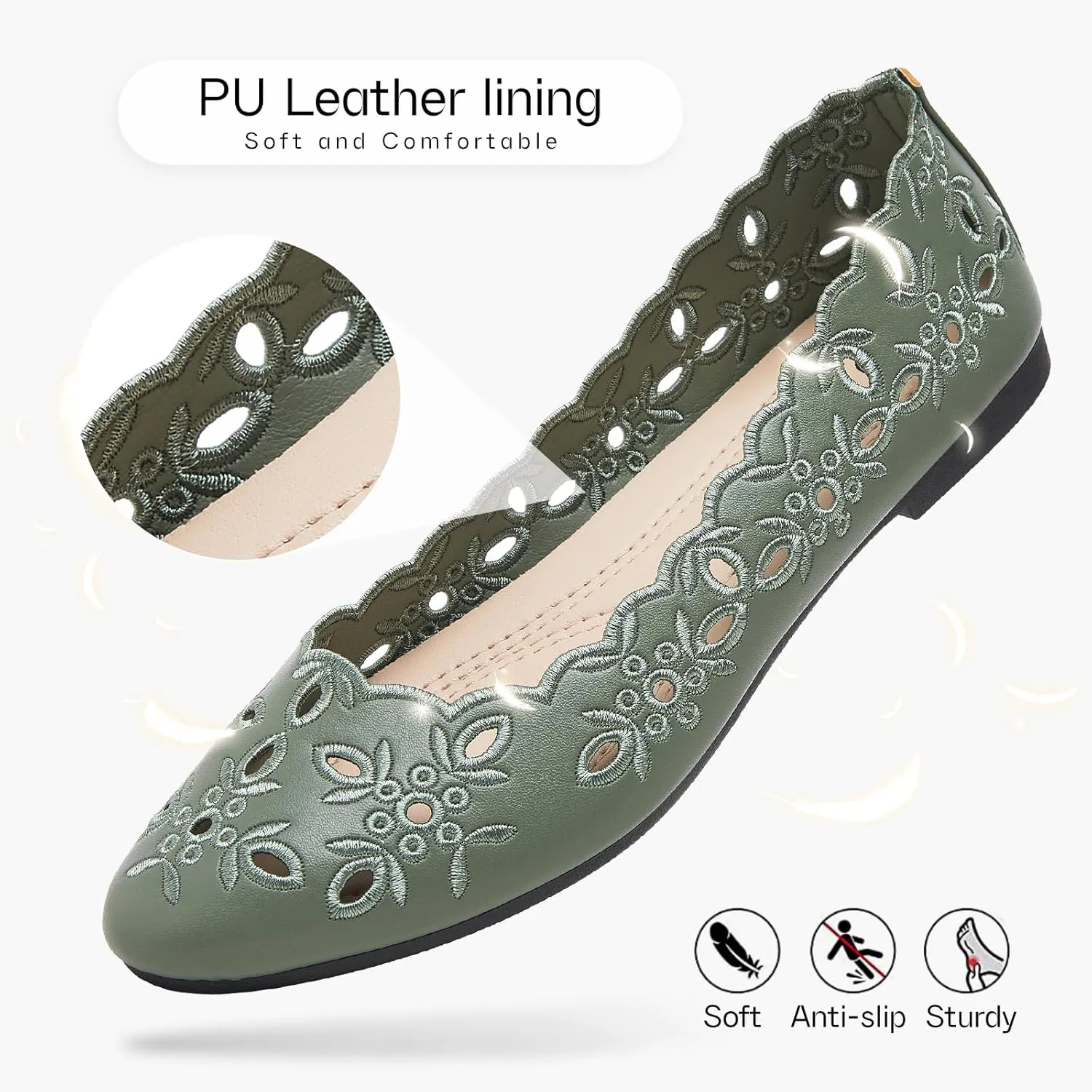 Shupua Women's Comfortable Dress Shoes Ballet Flats Slip On Shoes Black Flats Round Toe PU Leather Flats Summer with Floral Eyelets
