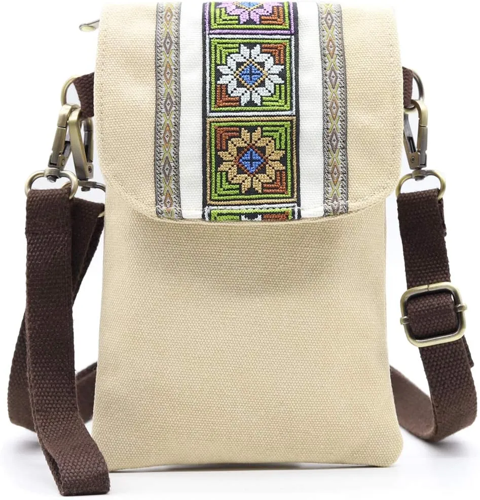 SILKAREA Vintage Embroidered Canvas Flip Small Crossbody Bag Cell Phone Pouch for Women Wristlet Wallet Bag Coin Purse