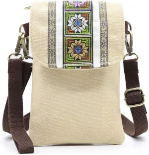 SILKAREA Vintage Embroidered Canvas Flip Small Crossbody Bag Cell Phone Pouch for Women Wristlet Wallet Bag Coin Purse