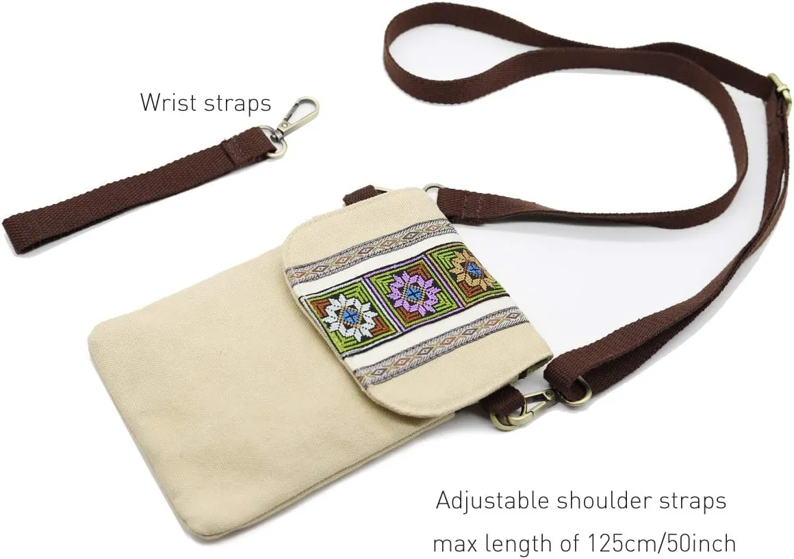 SILKAREA Vintage Embroidered Canvas Flip Small Crossbody Bag Cell Phone Pouch for Women Wristlet Wallet Bag Coin Purse