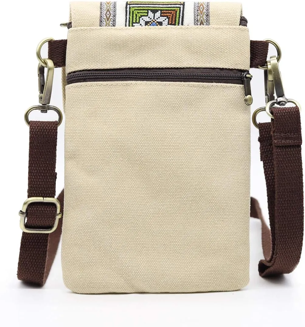 SILKAREA Vintage Embroidered Canvas Flip Small Crossbody Bag Cell Phone Pouch for Women Wristlet Wallet Bag Coin Purse