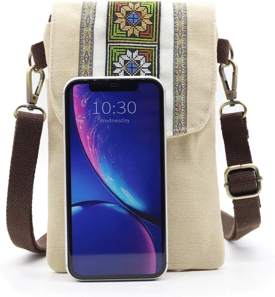 SILKAREA Vintage Embroidered Canvas Flip Small Crossbody Bag Cell Phone Pouch for Women Wristlet Wallet Bag Coin Purse