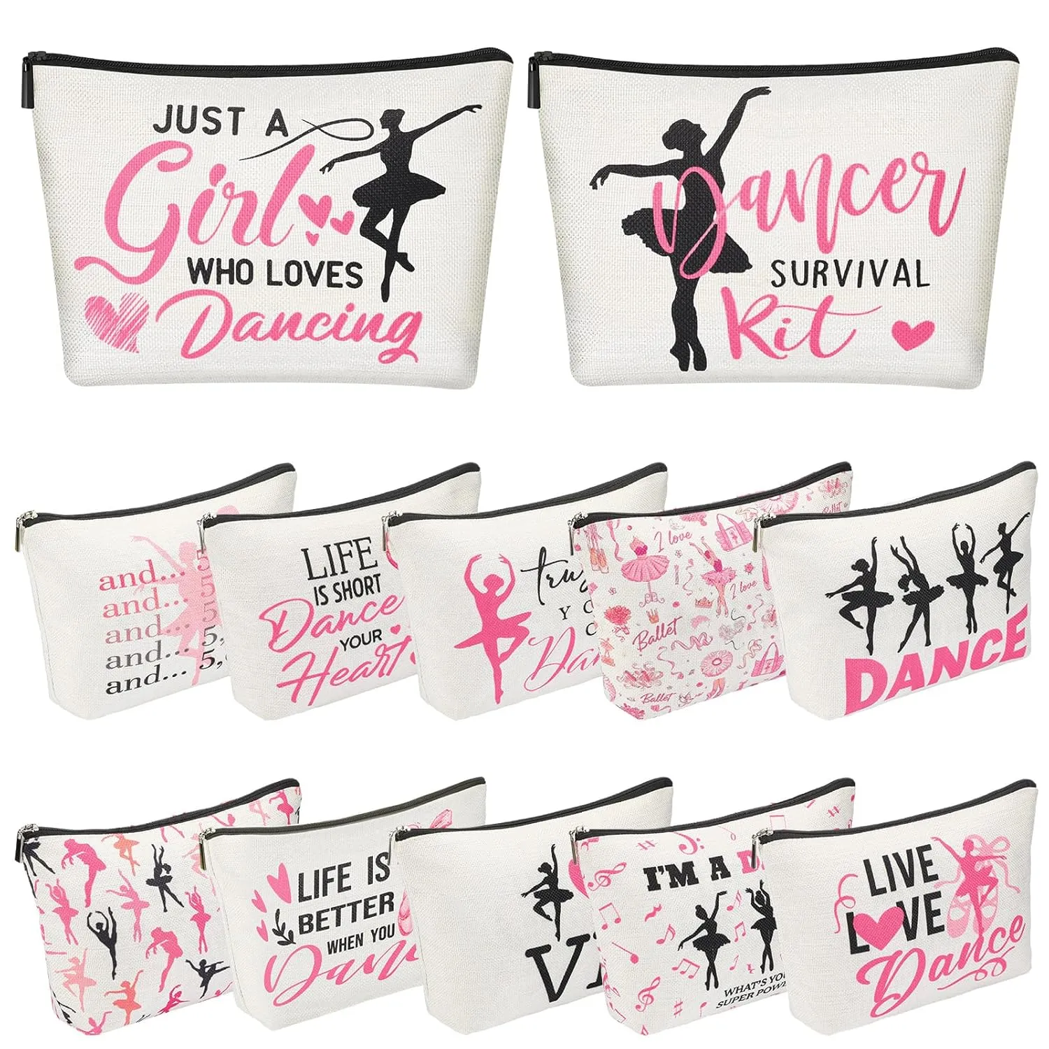 Silkfly 12 Pcs Dance Makeup Bag Ballet Cosmetic Bag Ballet Lover Gift Portable Travel Dance Stuff Teacher Appreciation Gifts Toiletry Zipper Pouch for Women