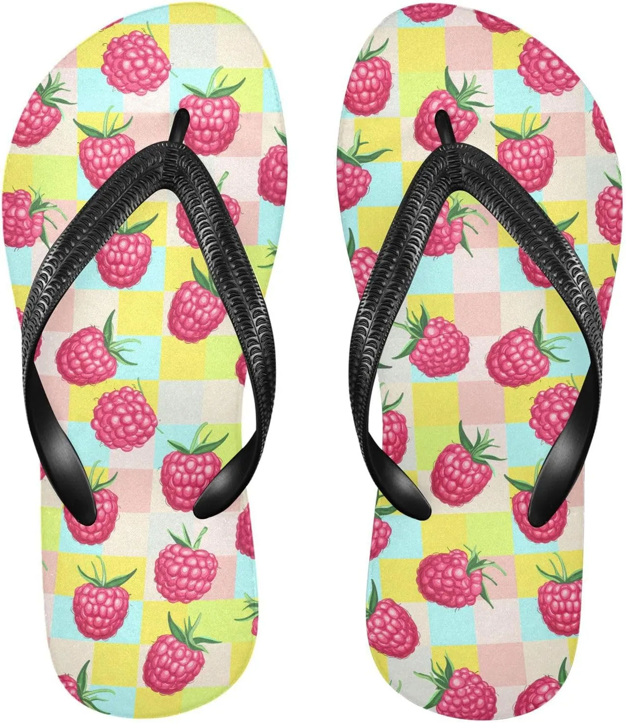 Sinestour Raspberry Checkerboard Coloful Flip Flops for Beach Thong Sandals Anti-slip Lightweight Flat Slippers for Summer Travel Swim