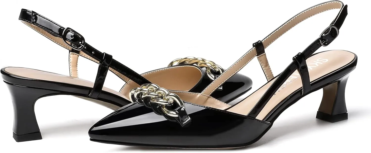 SKYSTERRY Women's Casual Metal Slip On Pointed Toe Patent Slingback Dating Spool Low Heel Pumps Shoes 2 Inch