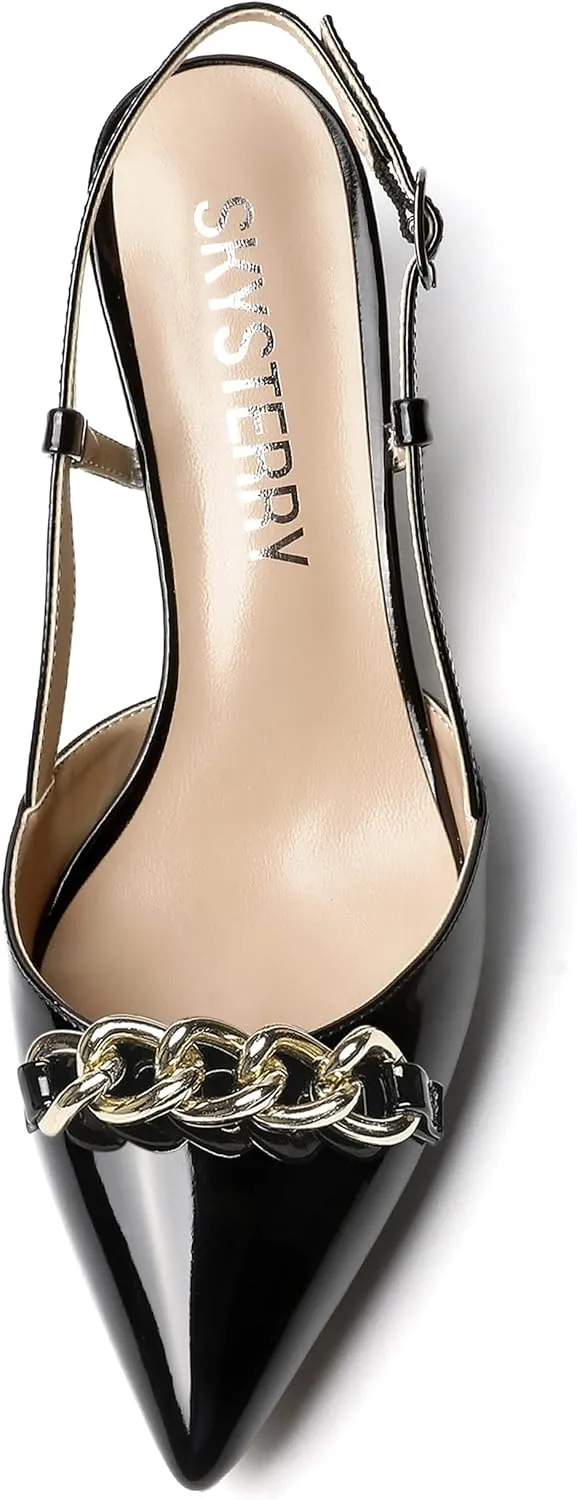 SKYSTERRY Women's Casual Metal Slip On Pointed Toe Patent Slingback Dating Spool Low Heel Pumps Shoes 2 Inch