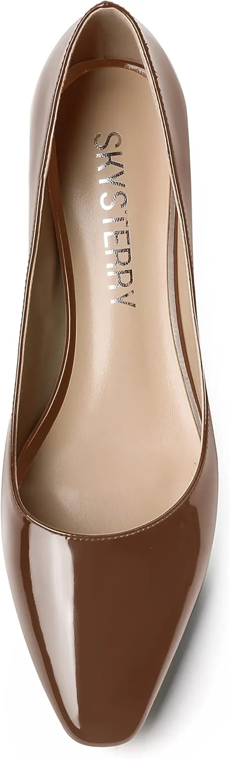 SKYSTERRY Women's Patent Slip On Square Toe Office Casual Spool Low Heel Pumps Shoes 1.5 Inch