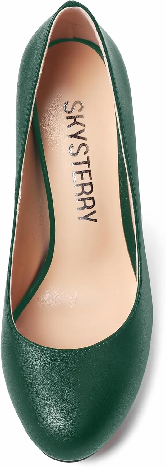 SKYSTERRY Womens Round Toe Casual Office Matte Slip On Spool High Heel Pumps Shoes 4 Inch