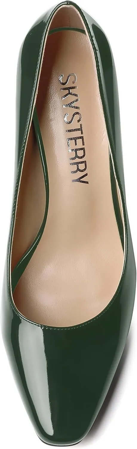 SKYSTERRY Women's Slip On Office Casual Square Toe Patent Spool High Heel Pumps Shoes 3.3 Inch
