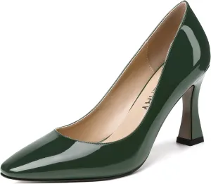 SKYSTERRY Women's Slip On Office Casual Square Toe Patent Spool High Heel Pumps Shoes 3.3 Inch