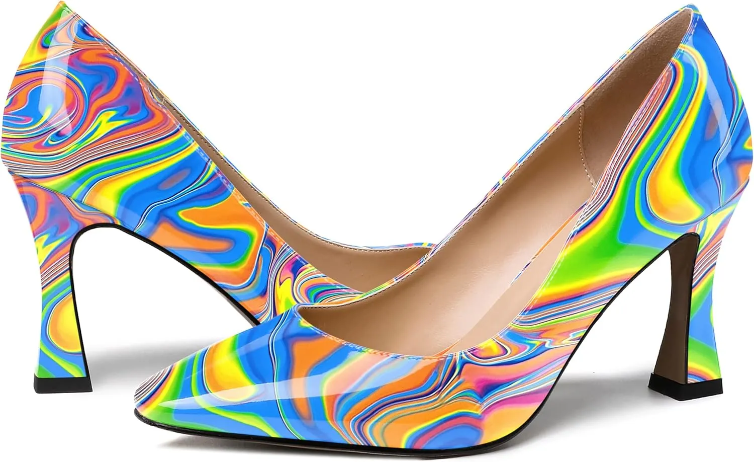 SKYSTERRY Women's Slip On Office Casual Square Toe Patent Spool High Heel Pumps Shoes 3.3 Inch