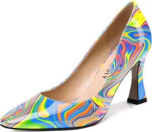 SKYSTERRY Women's Slip On Office Casual Square Toe Patent Spool High Heel Pumps Shoes 3.3 Inch