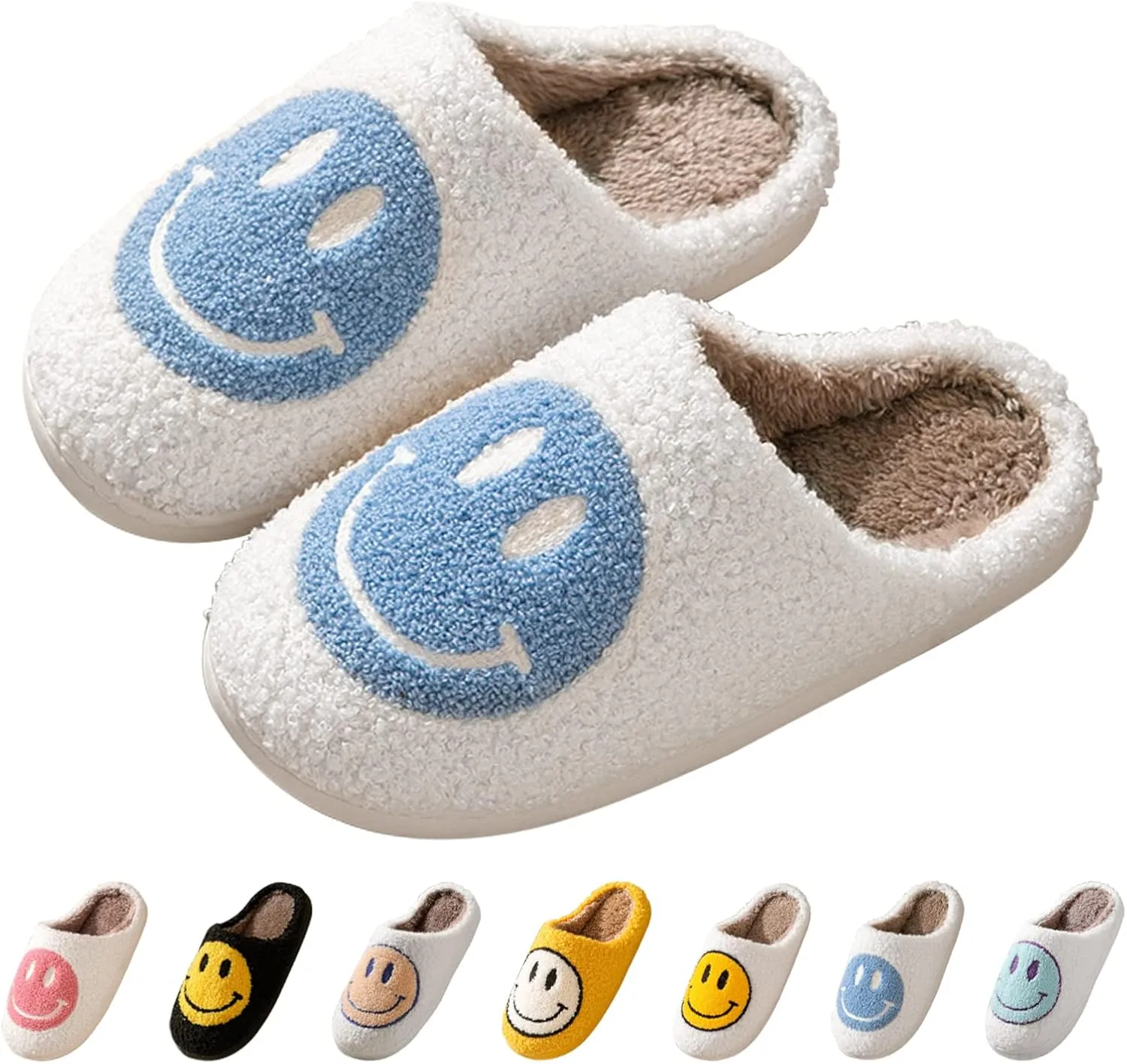 Smile Face Slippers for Women - Soft Plush Retro Preppy Slip-on Comfortable Indoor/Outdoor Shoes