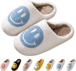 Smile Face Slippers for Women - Soft Plush Retro Preppy Slip-on Comfortable Indoor/Outdoor Shoes
