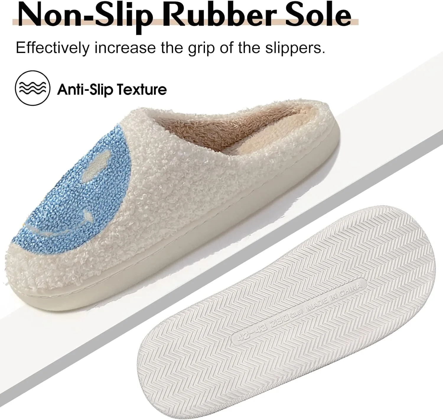 Smile Face Slippers for Women - Soft Plush Retro Preppy Slip-on Comfortable Indoor/Outdoor Shoes