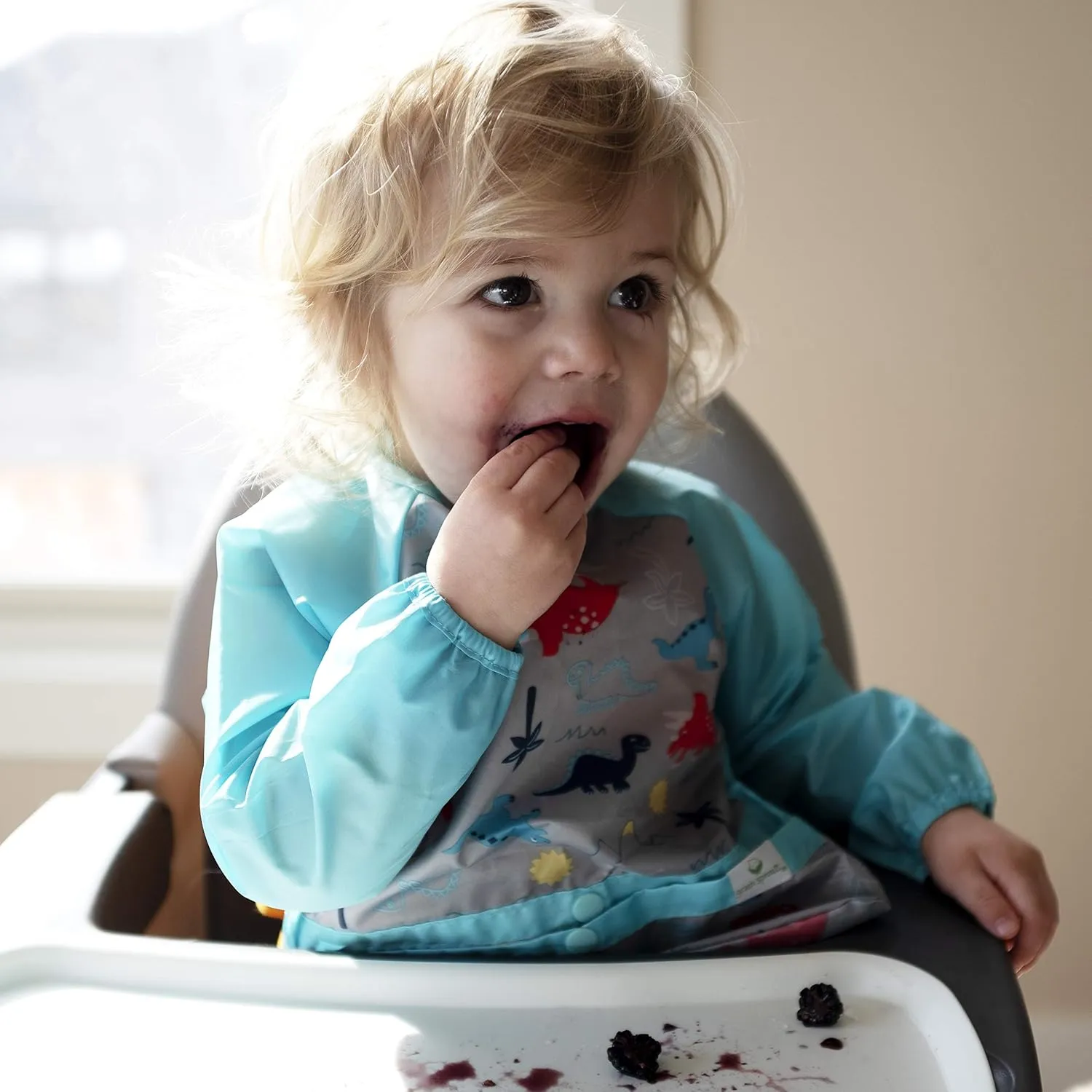 Snap & Go Easy-wear Long Sleeve Bib 12-24mo Aqua Dinosaurs
