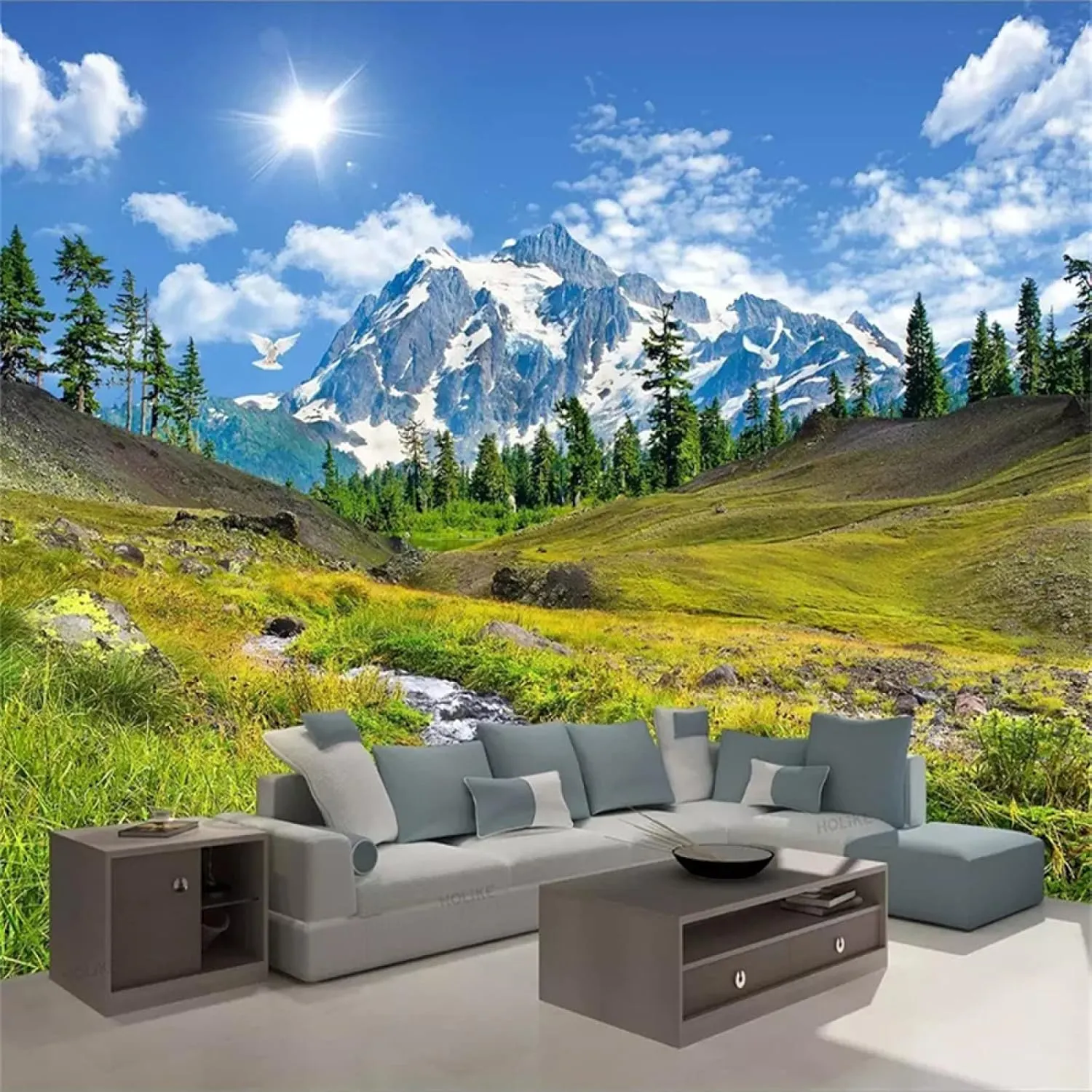 Snow Mountain Plateau Scenery Wall Mural, 3D Photo Wallpaper, Wall Stickers Dry No Bubble Resolution High Smooth No Grease Suitable for Bedroom Bathroom Background Wall,169.3" W X 118.2" L
