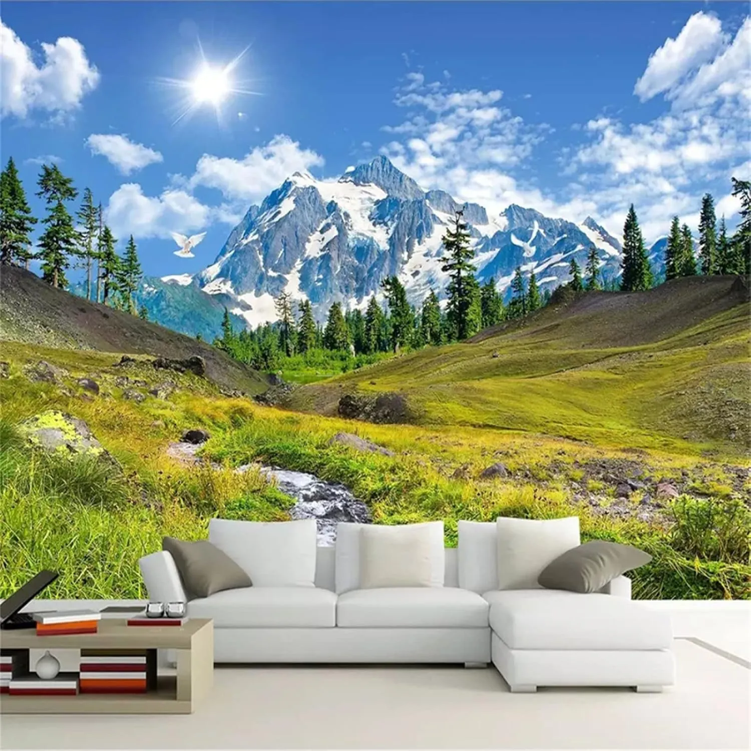 Snow Mountain Plateau Scenery Wall Mural, 3D Photo Wallpaper, Wall Stickers Dry No Bubble Resolution High Smooth No Grease Suitable for Bedroom Bathroom Background Wall,169.3" W X 118.2" L