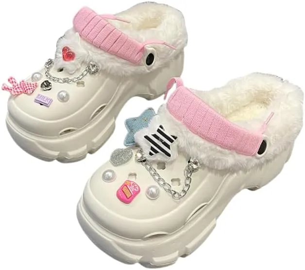 Solid Color Thermal Lined Clogs, Slip On Soft Sole Platform Non-Slip Fuzzy Shoes, Winter Plush Closed Toe Shoes